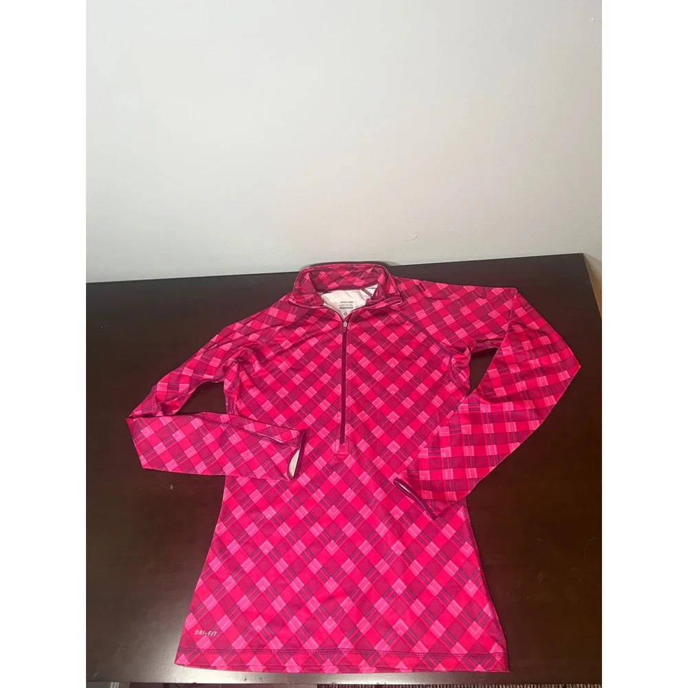 Nike Pro Dri-FIT Womens Pink Plaid 1/4 Zip Long Sleeve Training Top Size Medium